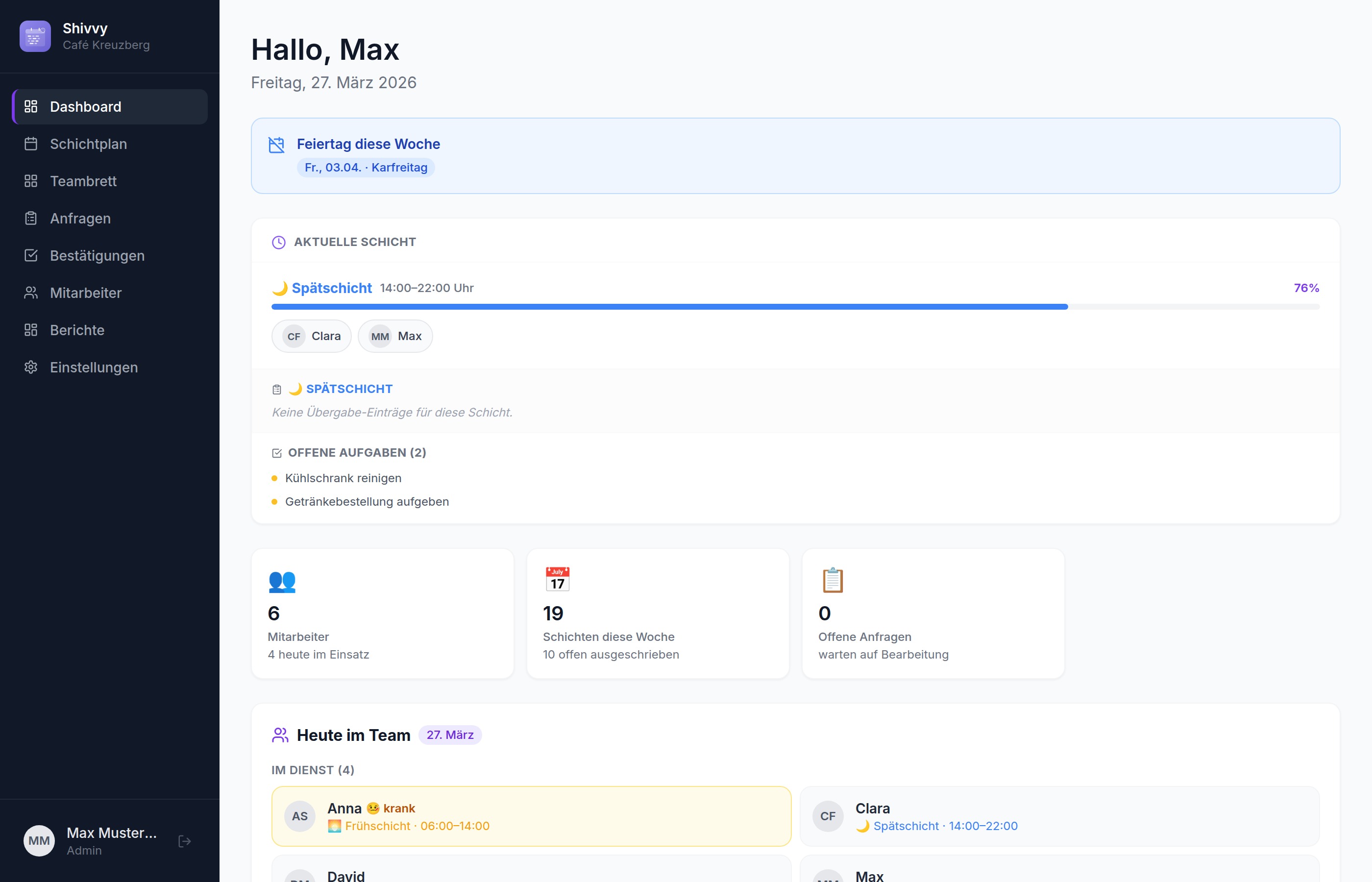 Shivvy Dashboard — Übersicht mit Schichten, Aufgaben und Team